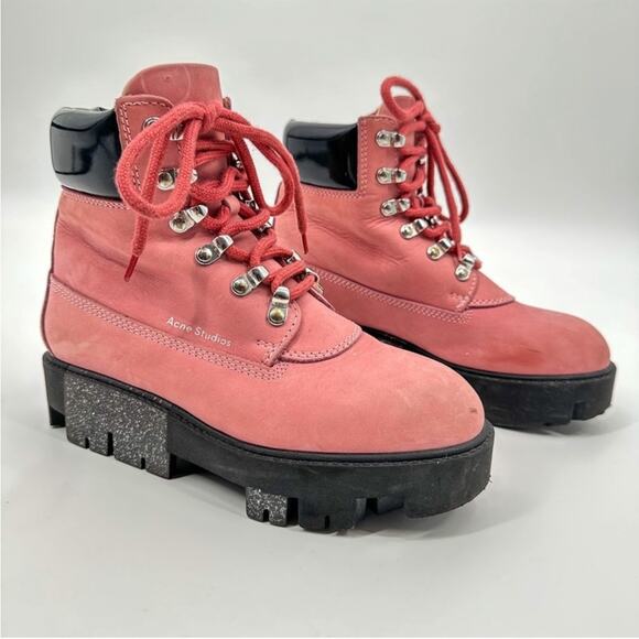 Acne Studios Shoes - Acne Studios Telde Pink Calfskin Chunky Platform Hiking Lug Boots 35